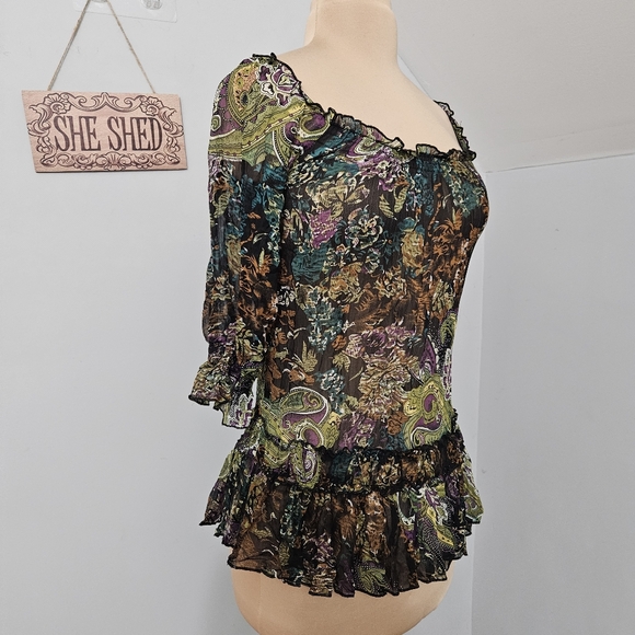 Y2K Paisley Mesh Peasant Top Whimsigoth Sheer XS Coquette Fairy Goth Artsy Boho - Picture 3 of 14
